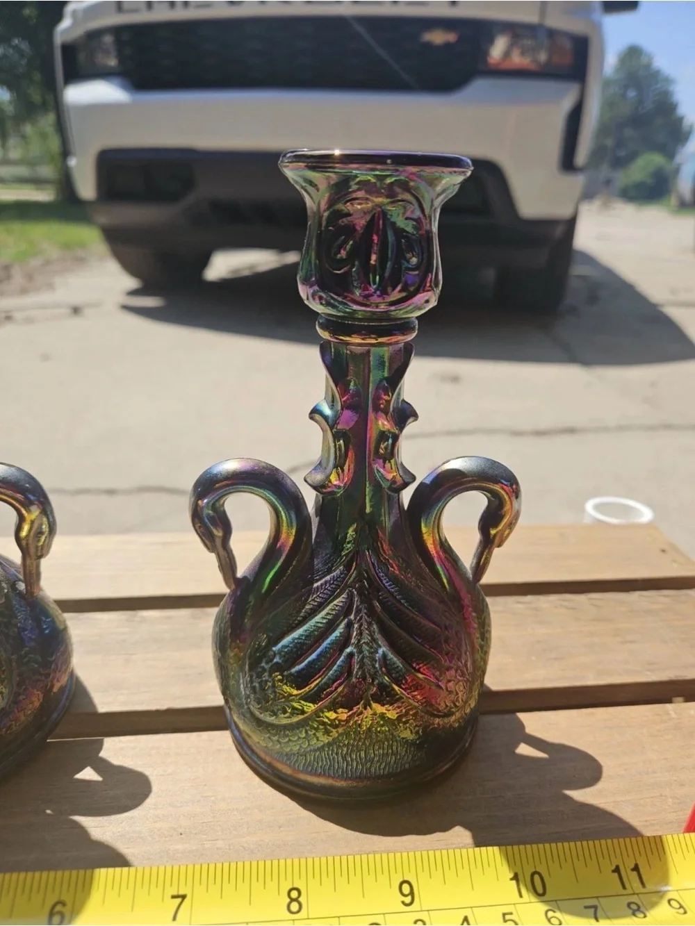Fenton Carnival Glass Swan Candlesticks Pair Iridescent - repaired